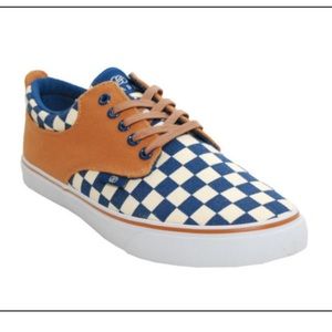 RADII THE JAX TAN AND NAVY CHECKARD SNEAKERS SIZE 9. LACEUP, CANVAS UPPER